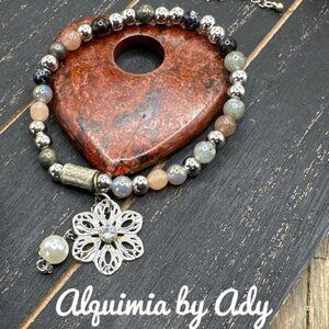 FLOWER TASSEL + dainty pyrite and moonstone labradorite  beaded bracelet